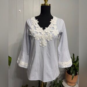 Spense White Lace-Trim Blue Pinstripe V-Neck Tunic